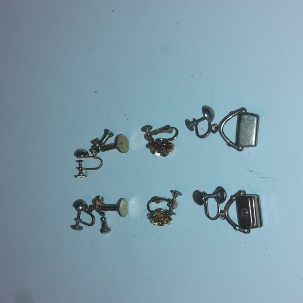 Vintage Gold Time Screw Back Earrings Lot X 3 Telephone, Purse, & Rose